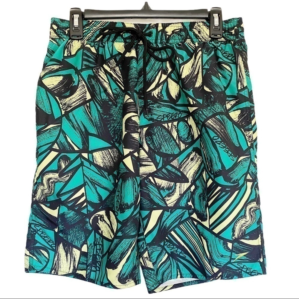 Speedo Swim Trunks Pull On Elastic Waistband Leaf Shorts 9” Green Size Medium